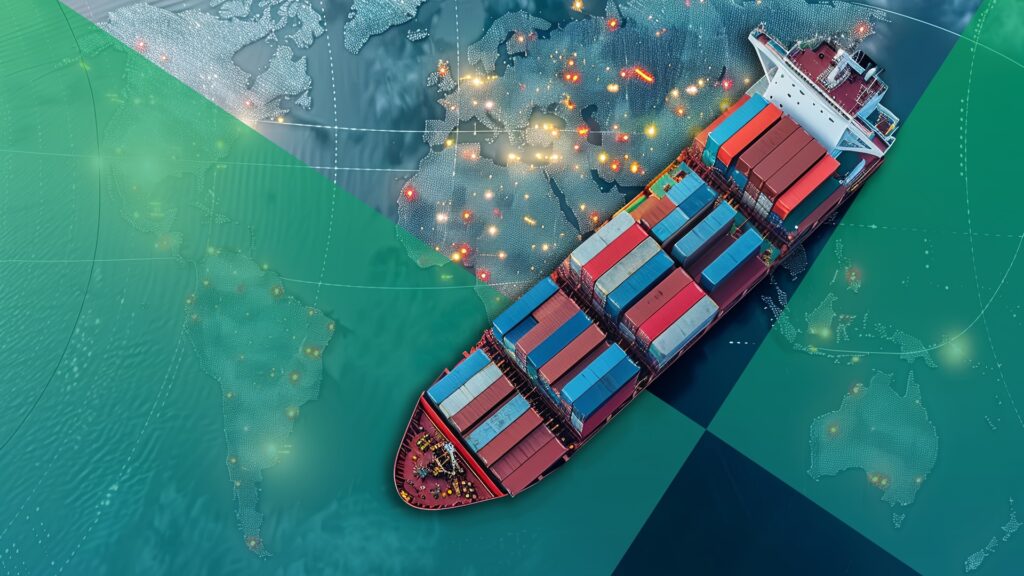 AI and global logistics concept with world map, supply chain net