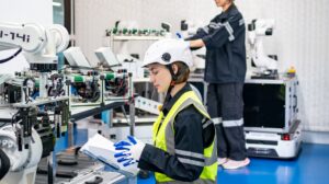 Female Engineer check and control automation robot arms machine in intelligent factory industrial on real time monitoring system software. robotics and digital manufacturing operation.